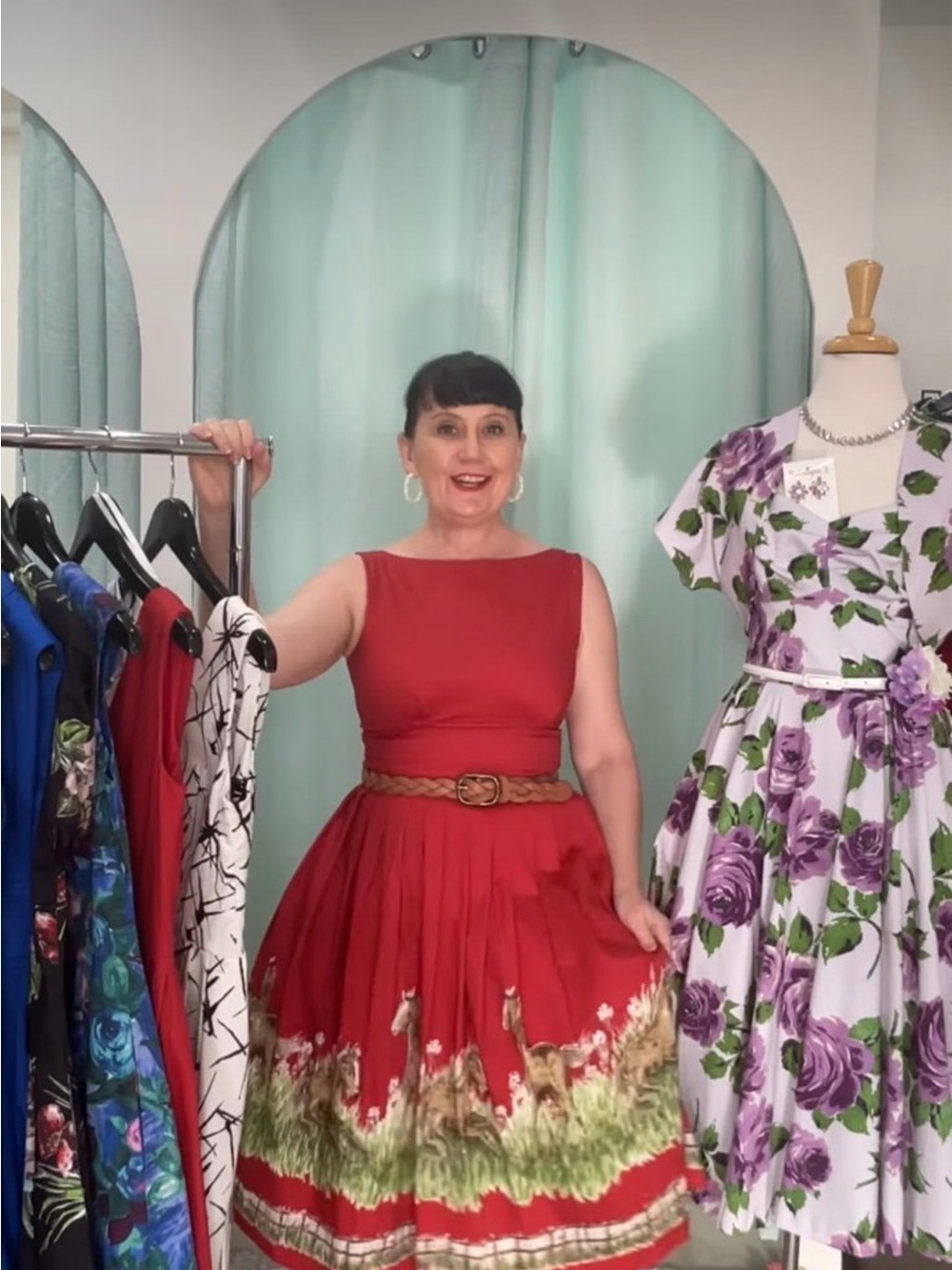 Vintage-Inspired Red Fit & Flare Dress with Scenic Border Print - Picture 4 of 5